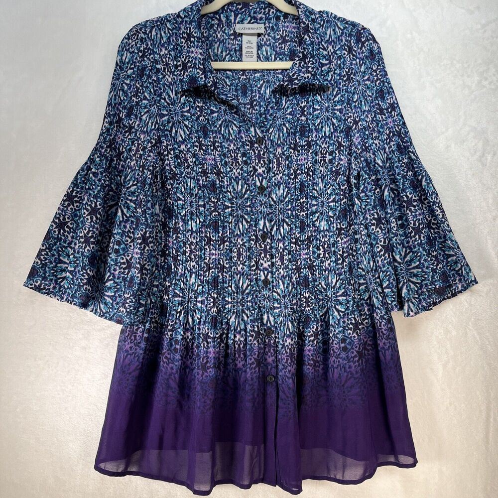 Catherine’s Button Front Flare Sleeve Sheer Tunic Top Women’s Sz 0X 14/16W Artsy